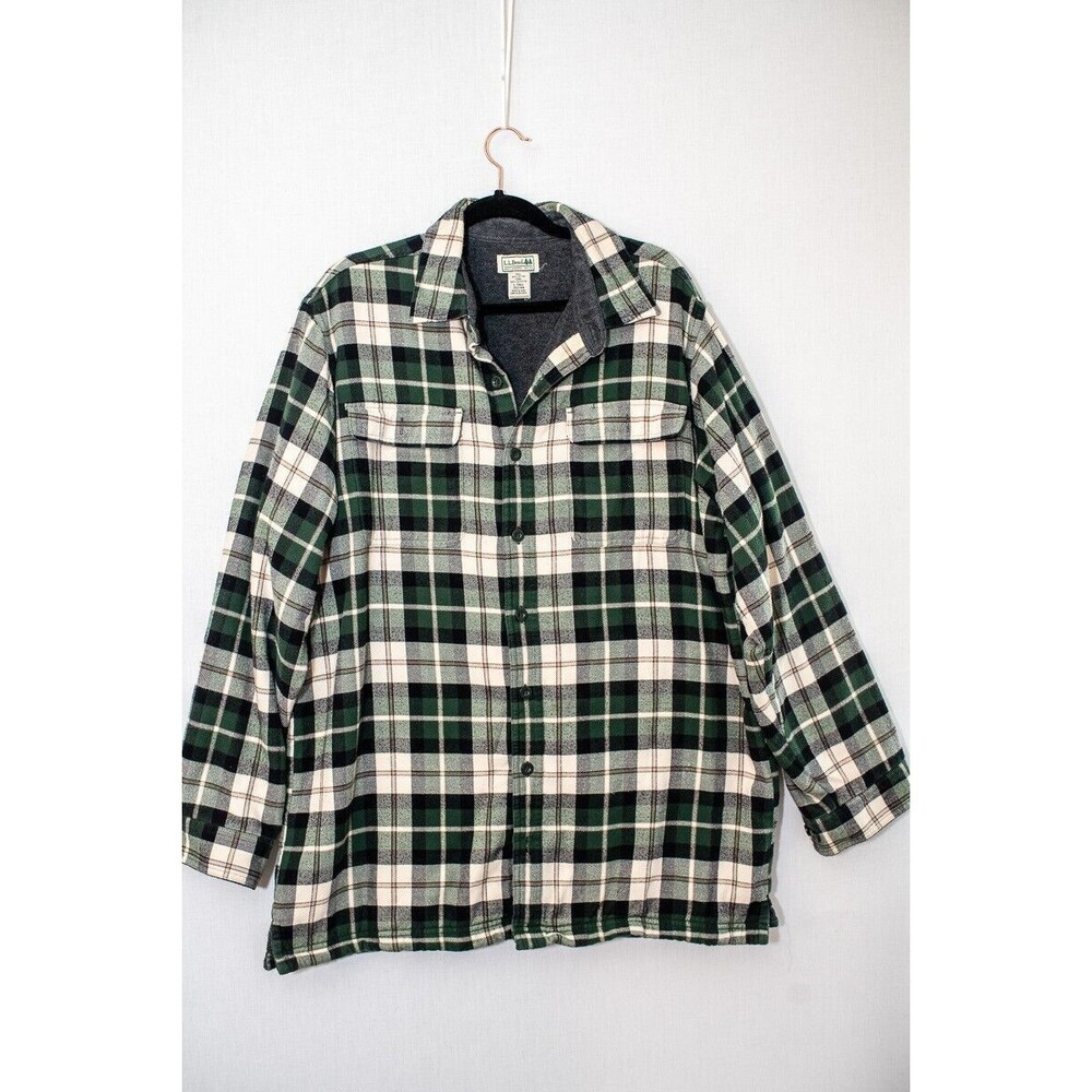 LL Bean Men's Fleece-Lined Green Flannel Shirt shacket L Tall Chore barn